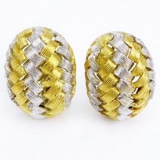 Appraisal: Vintage Karat Yellow and White Gold Basket Weave Earrings Vintage