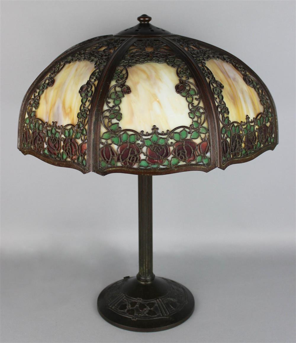 Appraisal: HANDEL PATINATED BRONZE AND SLAG GLASS LAMP raised Handel and