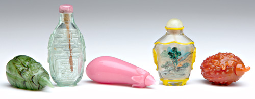 Appraisal: CHINESE SNUFF BOTTLES Five glass bottles one flattened ovoid with