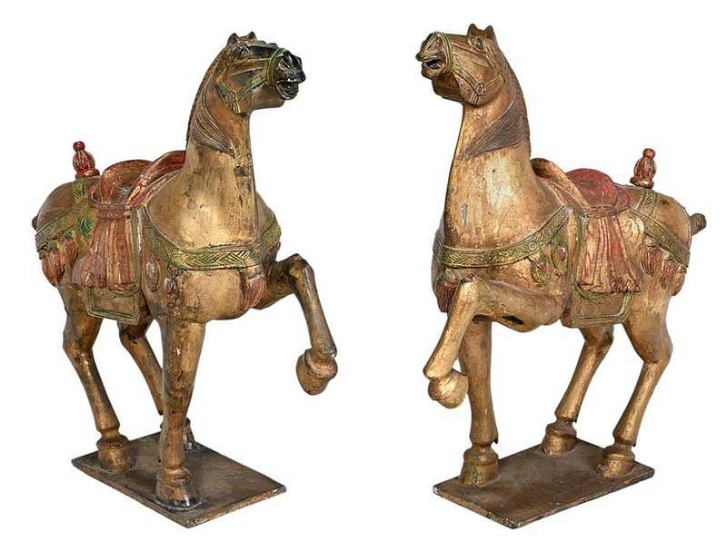 Appraisal: Pair Chinese Carved and Paint Decorated Horses late Qing dynasty