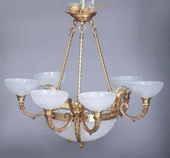 Appraisal: CONTINENTAL STYLE BRASS SIX-LIGHT CHANDELIER Bowl-form frosted cut glass having