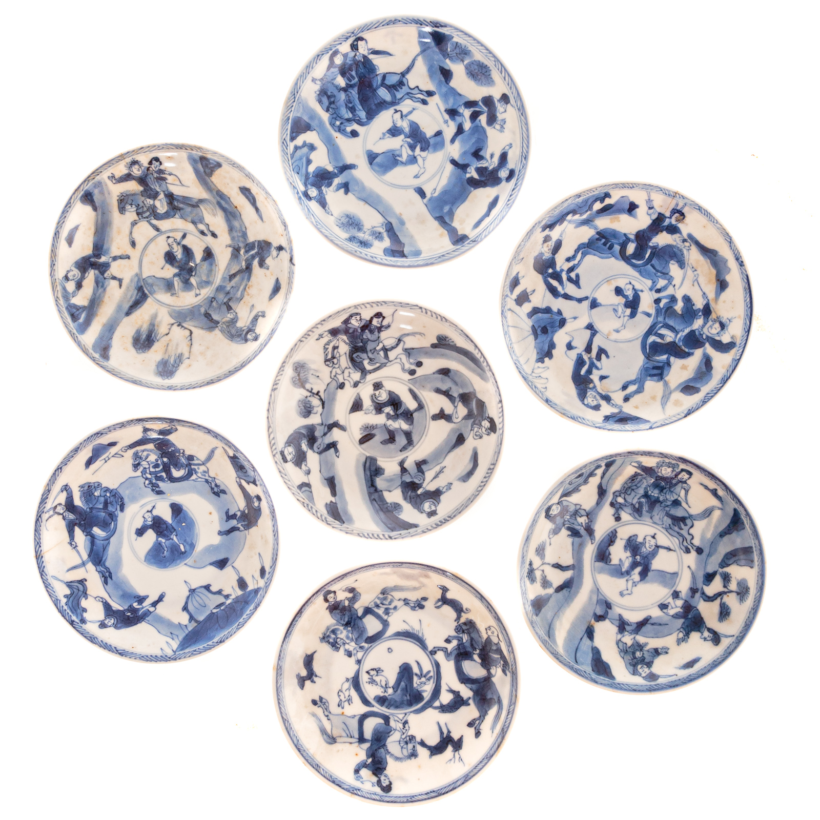 Appraisal: SEVEN CHINESE EXPORT BLUE WHITE SAUCERS Kang Xi circa -