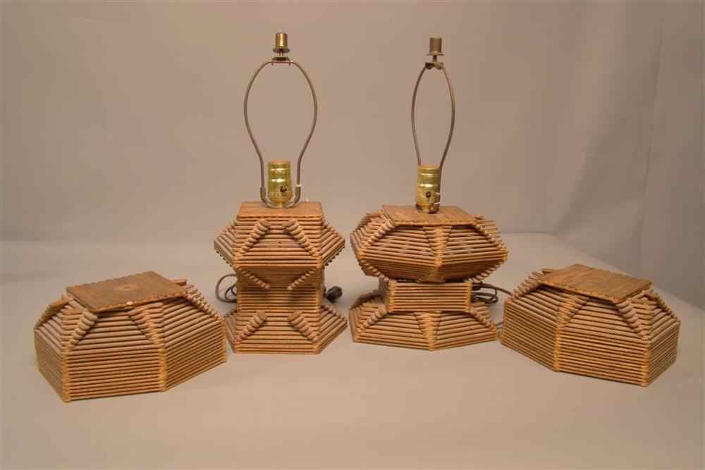 Appraisal: PAIR TRAMP POPSICLE STICK LAMPS ADIRONDACK TWIG DOLL'S CRADLE FOUR