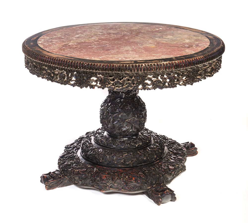 Appraisal: Ornate Chinese Bat Zodiac Hardwood Table Chinese hardwood Victorian table