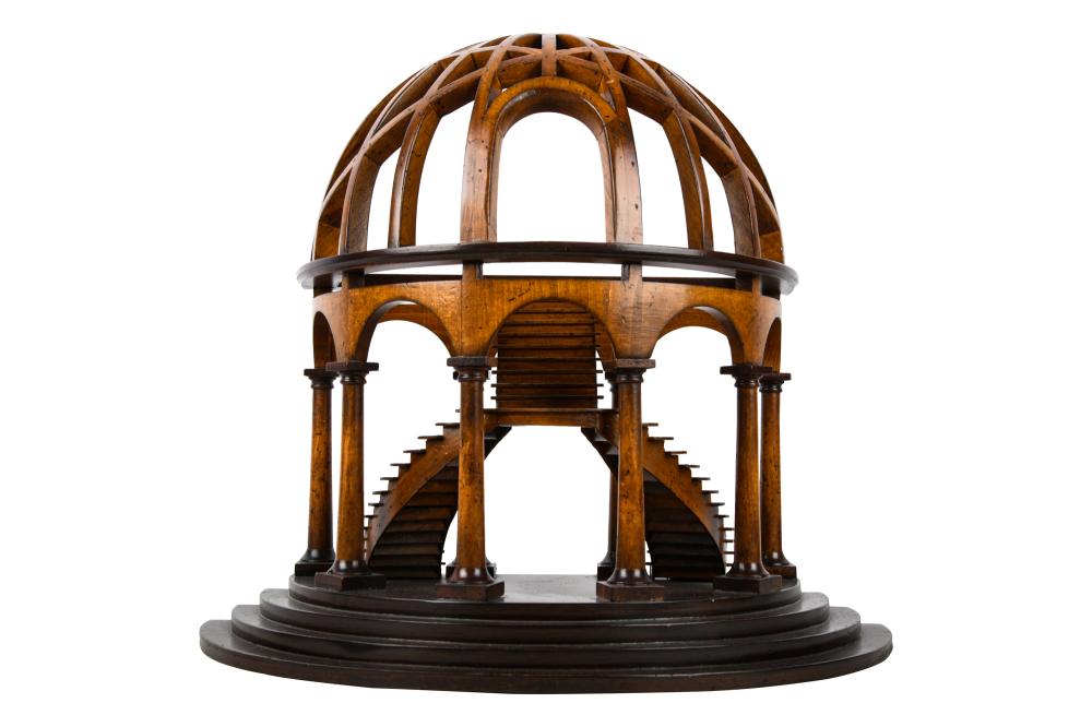 Appraisal: MAHOGANY STAIRCASE MODELsemi-round model depicting a double staircase under dome