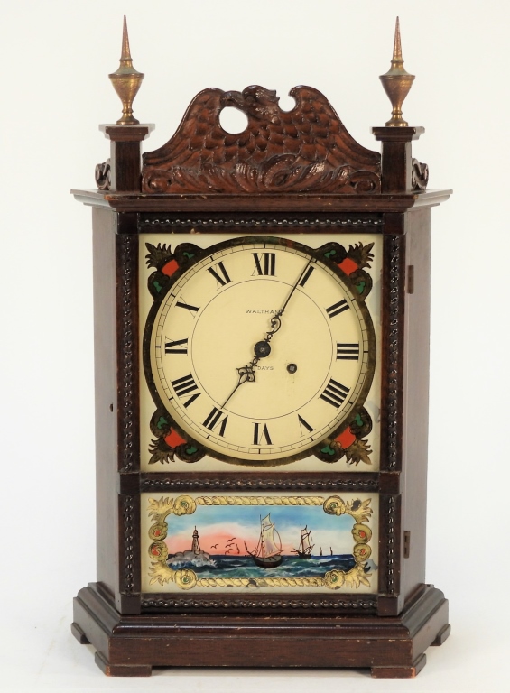 Appraisal: WALTHAM REVERSE PAINTED MINIATURE MANTEL CLOCK United States Early th