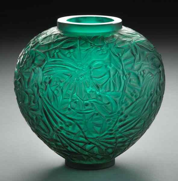 Appraisal: R Lalique ''Gui'' deep teal green glass vase Molded signature