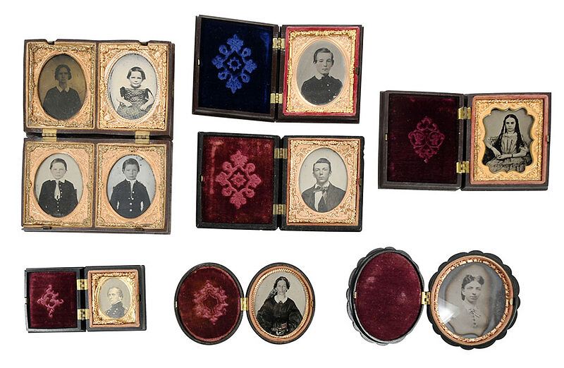 Appraisal: Nine Ambrotypes One Framed Print ten total pieces unknown subjects