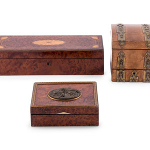 Appraisal: Three French Inlaid Burlwood Boxes th and th Century one