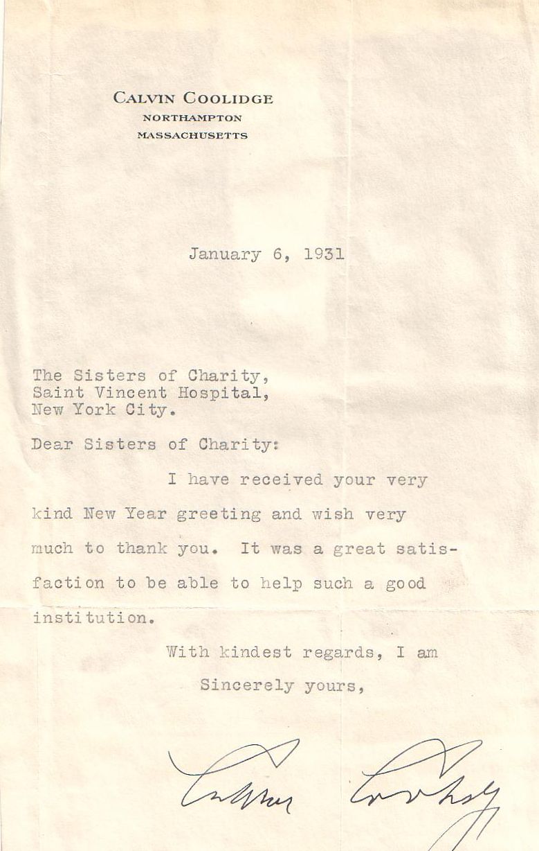 Appraisal: COOLIDGE CALVIN Typed Letter Signed to the Sisters of Charity