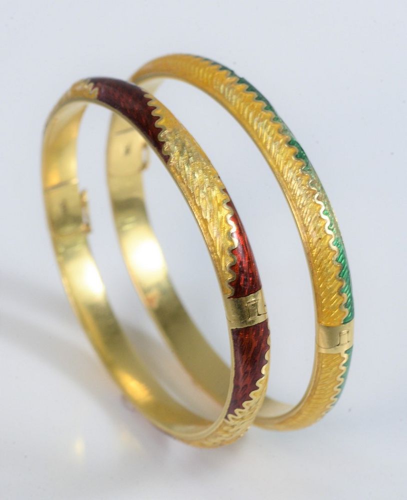 Appraisal: Two Karat Gold and Enamel Bracelets one green one red