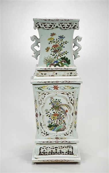 Appraisal: Chinese enameled porcelain rectangular vase floral and bird motifs handles