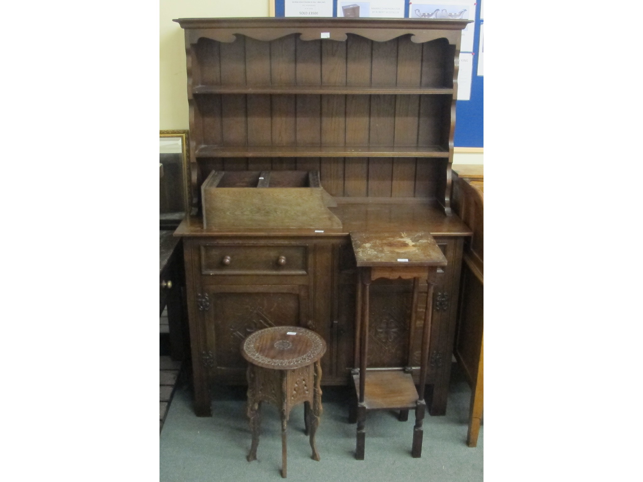 Appraisal: Oak dresser two plant pedestals and a wall rack