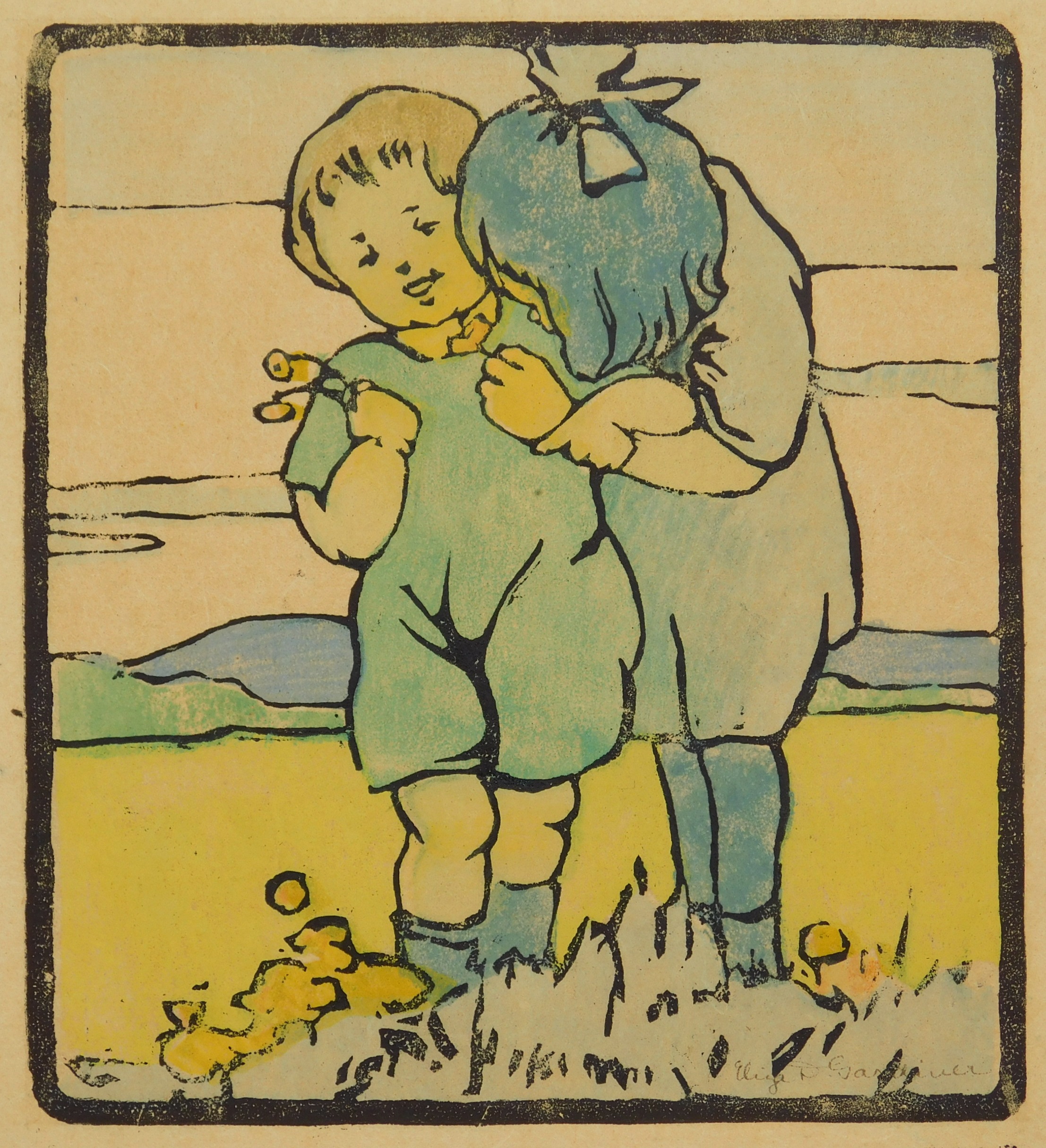 Appraisal: Eliza Gardiner - Love Butter''- woodblock with hand-coloring signed and