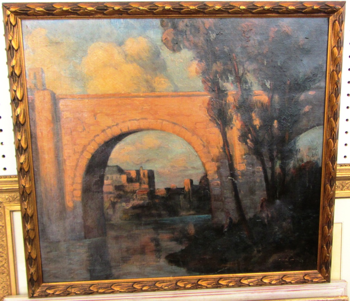 Appraisal: Continental School early th century View of a bridge oil