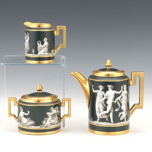 Appraisal: GERMAN DRESDEN THREE PIECE PORCELAIN GRISAILLE DECORATED SERVICE Elegant tea