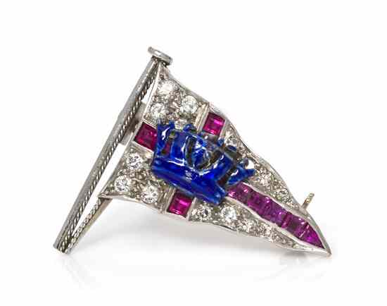 Appraisal: A Vintage Platinum Ruby Diamond and Enamel Nautical Flag Pin