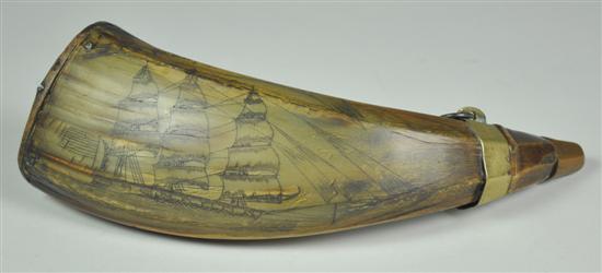 Appraisal: British Powder Horn th Century With scrimshawed design of three-masted