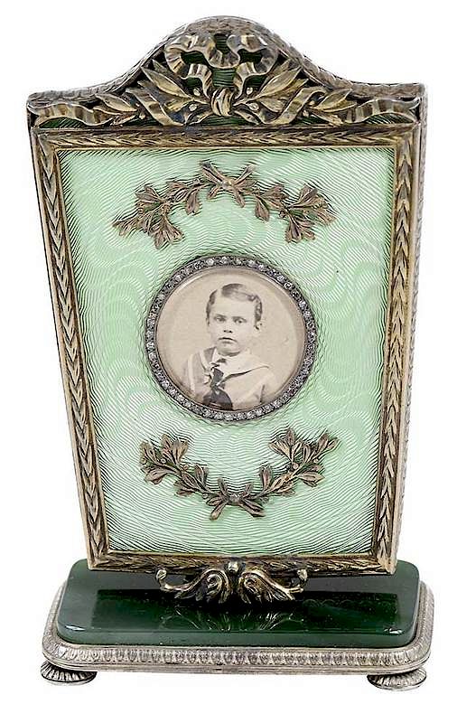 Appraisal: Faberg Gilt Silver Enamel and Jade Frame early th century