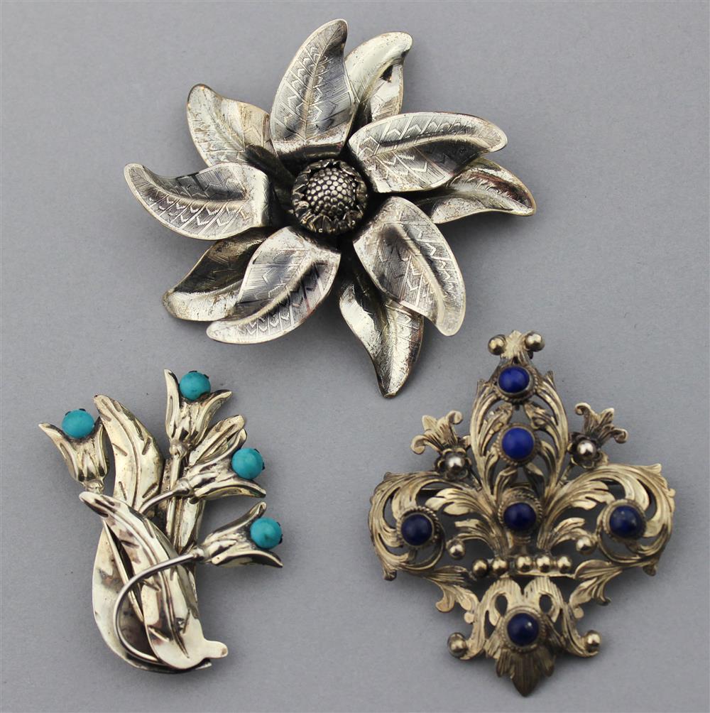 Appraisal: VINTAGE TAXCO STERLING AND TURQUOISE PIN DANECRAFT STERLING FLOWER PIN