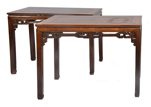 Appraisal: A PAIR OF CHINESE HARDWOOD SIDE TABLES each with a