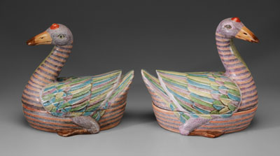 Appraisal: Pair Export Style Porcelain Goose Tureens Chinese modern polychrome enameling