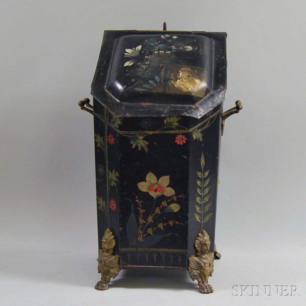 Appraisal: Toleware Coal Scuttle with painted floral decoration raised on cast