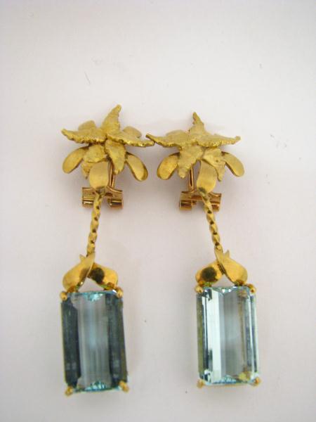 Appraisal: Lady's K YG Dangle Aquamarine Earrings two emerald-cut genuine aquamarines