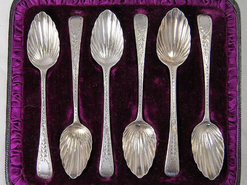 Appraisal: Cased set of six silver bright cut shell bowled teaspoons