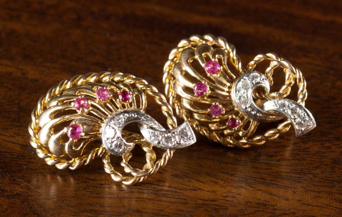 Appraisal: PAIR OF RUBY AND DIAMOND EARRINGS each k yellow and