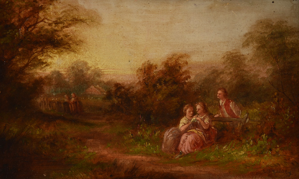 Appraisal: PASTORAL GENRE SCENE PAINTING WITH FIGURES Oil Canvas '' x