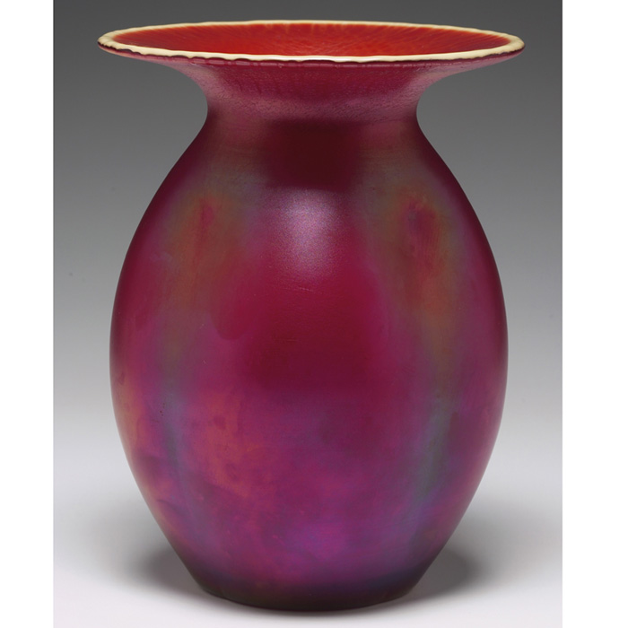 Appraisal: Imperial vase bulbous pinched shape in iridescent red glass with