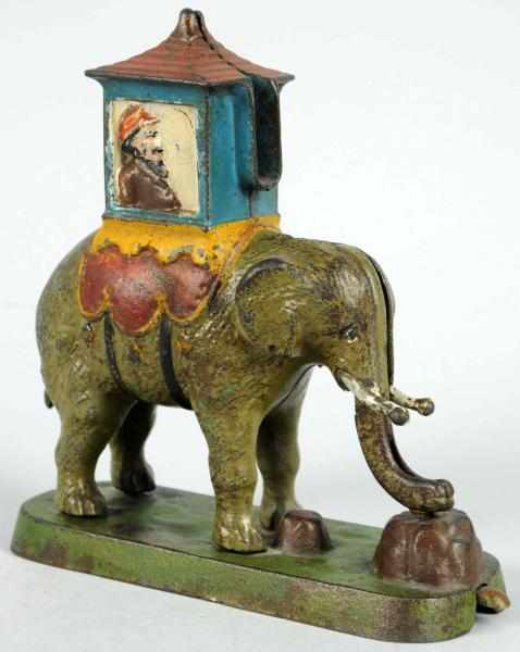 Appraisal: Cast Iron Elephant with Howdah Mechanical Bank Locked variation Provenance