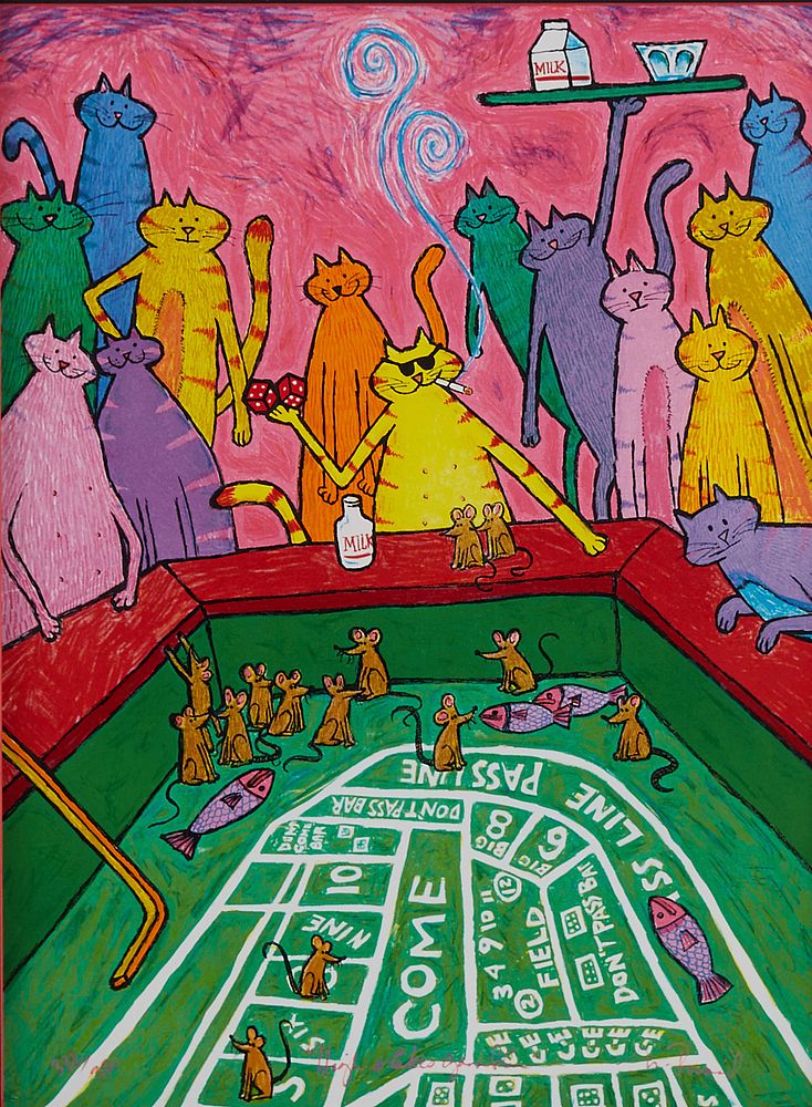 Appraisal: Matt Rinard Color Lithograph High Stakes Gamblin' Cats Playing Craps