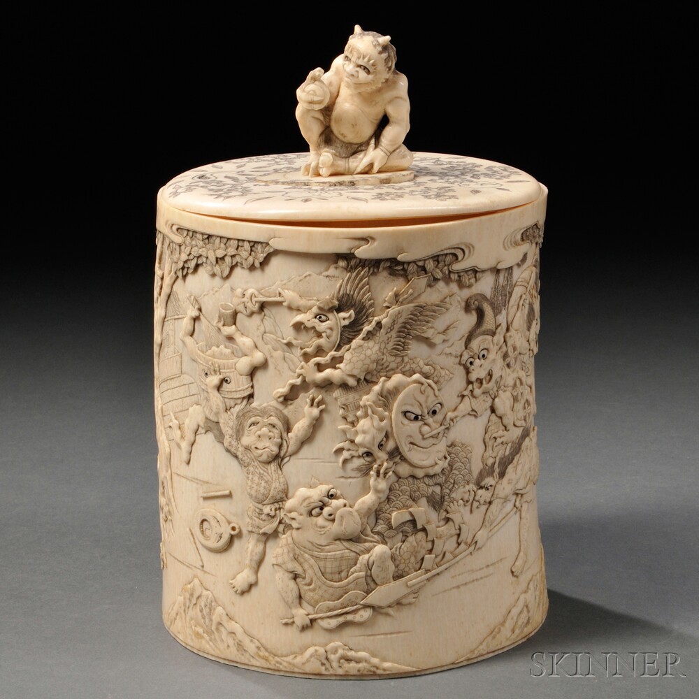 Appraisal: Ivory Covered Box Japan th th century tubular depicting in