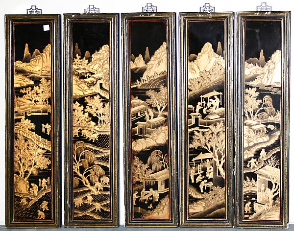 Appraisal: A set of five black lacquered wood wall panels th