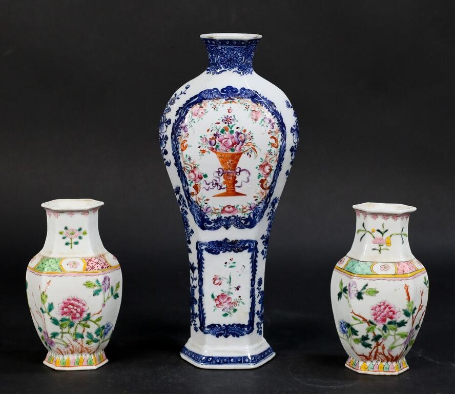 Appraisal: pieces Chinese export porcelain Qing Famille Rose garniture vase H