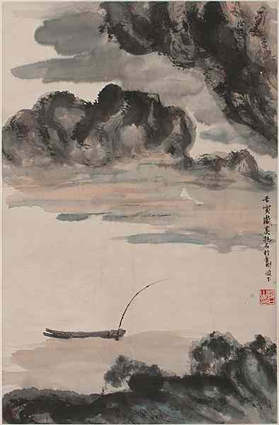 Appraisal: Chinese Scroll Watercolor Chinese A scroll painting with a boat