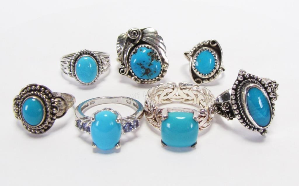 Appraisal: Seven sterling silver turquoise rings including one by STS jewels