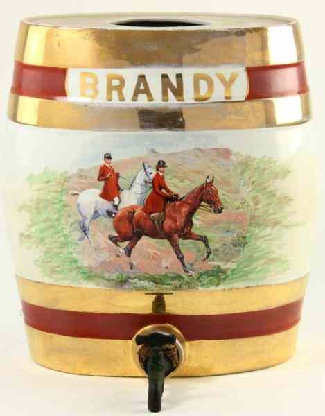 Appraisal: Tunstall Brandy Kegcirca hunting scene in colors gilt hoops brass