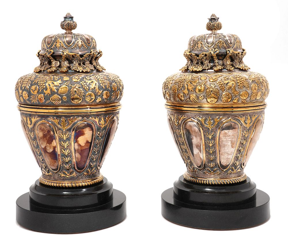 Appraisal: Pair of Tane Sterling Silver Gilt Ornate Urns Pair of