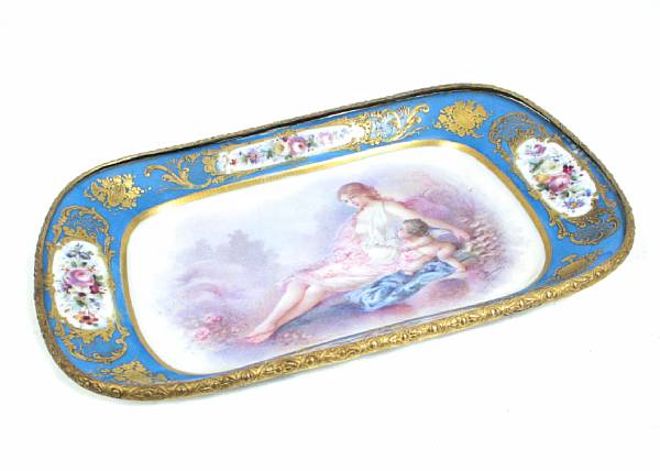 Appraisal: A Sevres style porcelain gilt bronze mounted dish length in