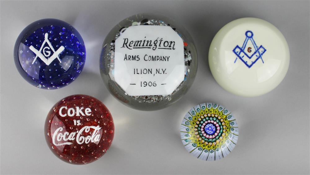 Appraisal: FIVE DEDICATORY PAPERWEIGHTS including a J Gentile Coke paperweight with