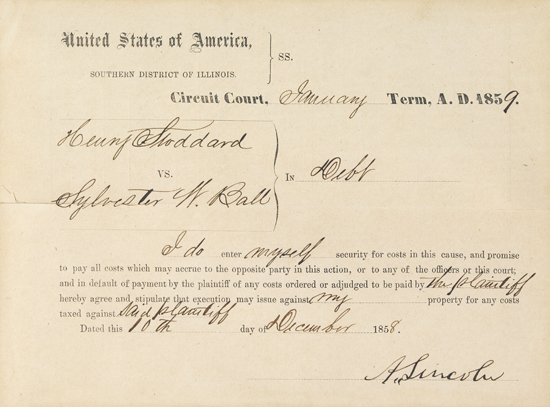 Appraisal: LINCOLN ABRAHAM Partly-printed Document Signed A Lincoln a bond for