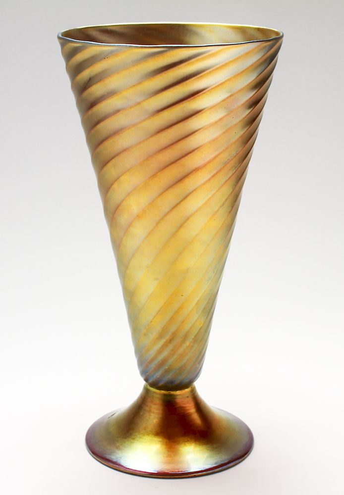 Appraisal: Steuben Avrene Spiral Ribbed Art Glass Vase Steuben Avrene gold