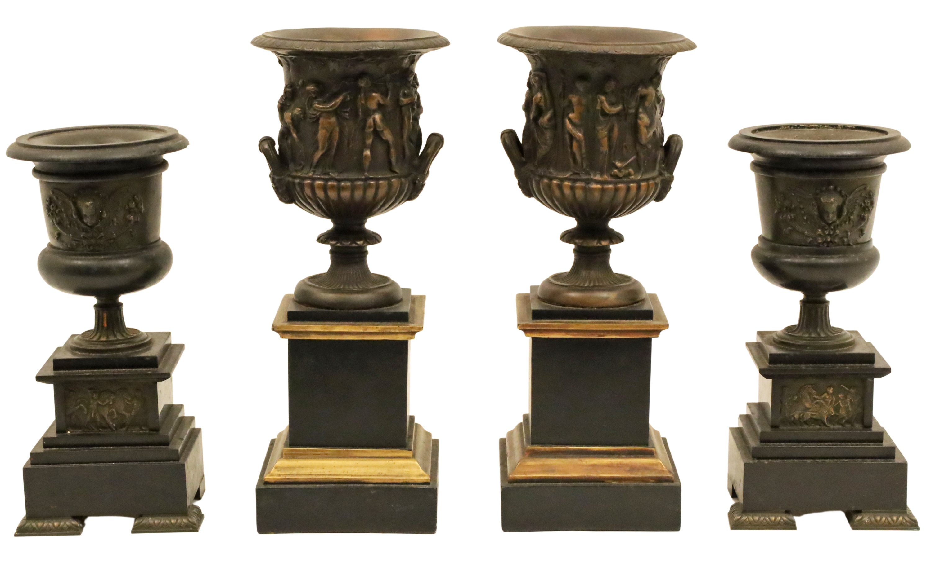 Appraisal: PRS OF FRENCH PATINATED METAL URNS ON STAND Two pairs