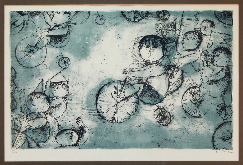 Appraisal: BEN DAVID MODERN CHILDREN TRICYCLIST LITHOGRAPH Isreal b Depicts a