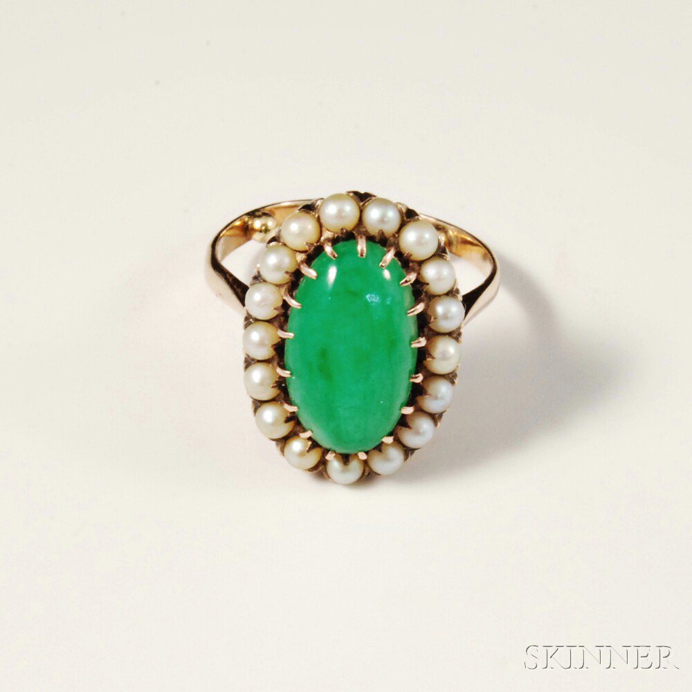 Appraisal: Jade and Seed Pearl Ring central cabochon surrounded by pearls