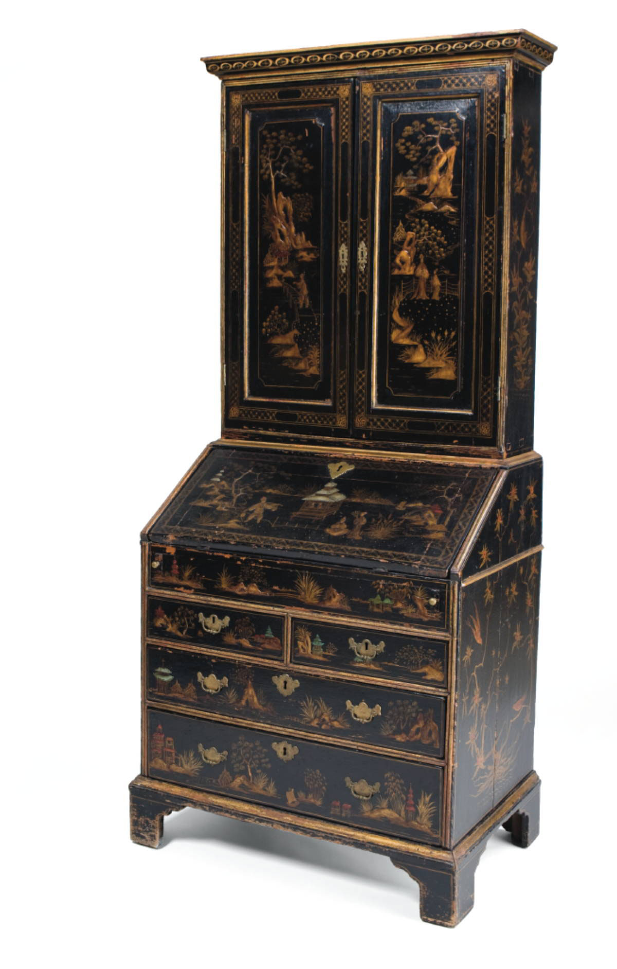 Appraisal: ENGLISH QUEEN ANNE JAPANNED OAK SECRETARY In two parts the