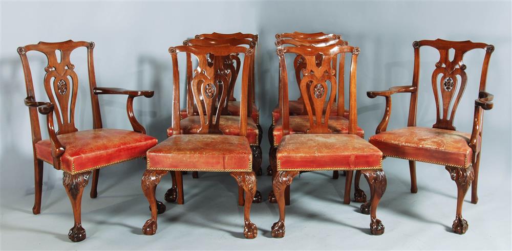 Appraisal: SET OF EIGHT CHIPPENDALE STYLE MAHOGANY DINING CHAIRS comprising two